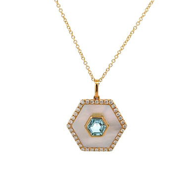 YELLOW GOLD DIAMOND PENDANT WITH SKY BLUE TOPAZ CENTER AND WHITE MOTHER OF PEARL - MICHAEL K. JEWELERS
