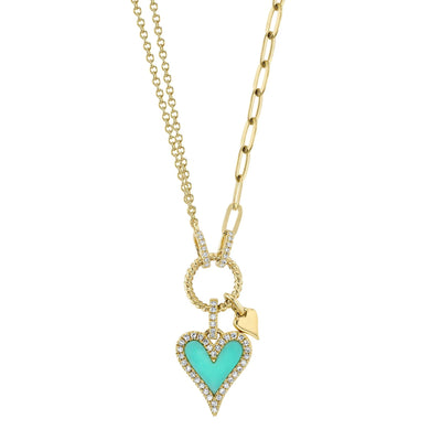 TURQUOISE HEART PAPER CLIP LINK DIAMOND NECKLACE - MICHAEL K. JEWELERS