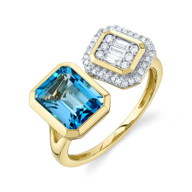 TWO STONE DIAMOND AND BLUE TOPAZ BAGUETTE RING - MICHAEL K. JEWELERS