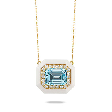 DIAMOND NECKLACE WITH WHITE AGATE BORDERS AND LIGHT BLUE TOPAZ CENTER STONE - MICHAEL K. JEWELERS