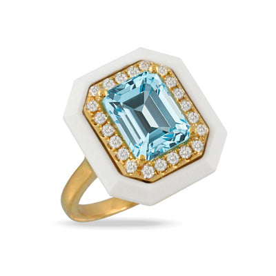 DIAMOND RING WITH WHITE AGATE BORDERS AND LIGHT BLUE TOPAZ CENTER STONE - MICHAEL K. JEWELERS