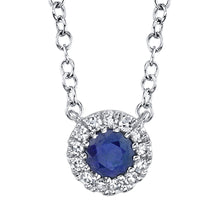 Load image into Gallery viewer, SOLITARE HALO DIAMOND AND SAPPHIRE NECKLACE - MICHAEL K. JEWELERS