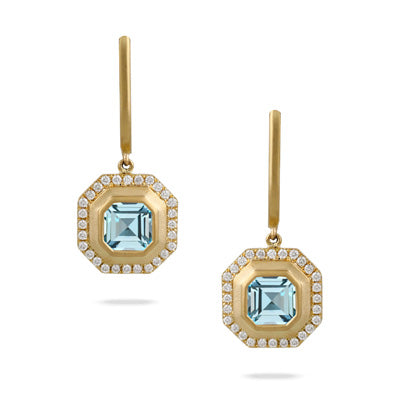 DIAMOND EARRING WITH SKY BLUE TOPAZ CENTER IN SATIN FINISH