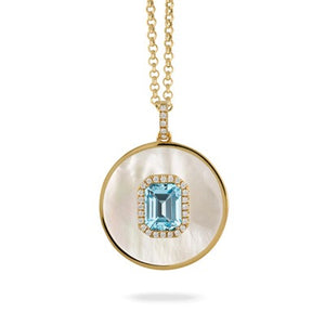 HALO SKY BLUE TOPAZ & WHITE MOTHER OF PEARL MEDALLION PENDANT - MICHAEL K. JEWELERS