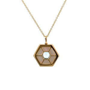 YELLOW GOLD DIAMOND PENDANT WITH SKY BLUE TOPAZ CENTER AND WHITE MOTHER OF PEARL - MICHAEL K. JEWELERS