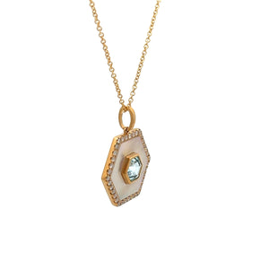 YELLOW GOLD DIAMOND PENDANT WITH SKY BLUE TOPAZ CENTER AND WHITE MOTHER OF PEARL - MICHAEL K. JEWELERS