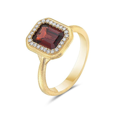 EMERALD CUT GARNET HALO DIAMOND RING