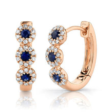 Load image into Gallery viewer, 3-STONE DIAMOND &amp; BLUE SAPPHIRE HUGGIE EARRING