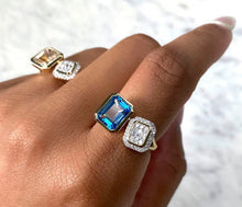 Load image into Gallery viewer, TWO STONE DIAMOND AND BLUE TOPAZ BAGUETTE RING