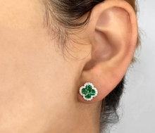 Load image into Gallery viewer, DIAMOND AND EMERALD CLOVER HALO STUD EARRING