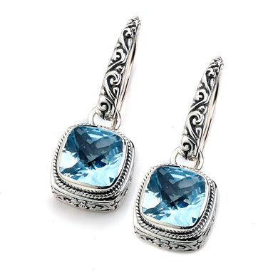 SILVER SQUARE FLORAL EARRINGS W/ BLUE TOPAZ CENTER - MICHAEL K. JEWELERS