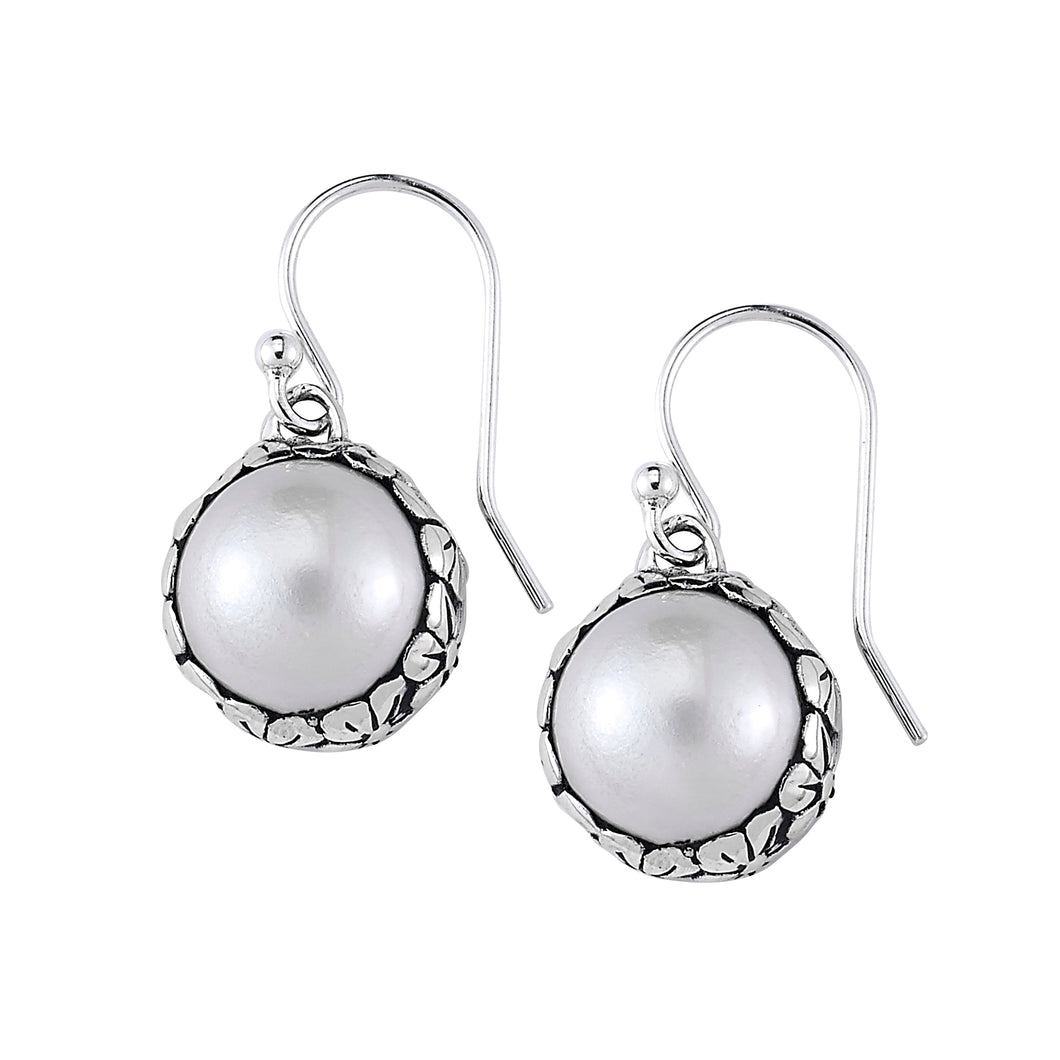 SILVER ROUND WHITE MABE PEARL EARRINGS WITH FLORAL BORDER - MICHAEL K. JEWELERS