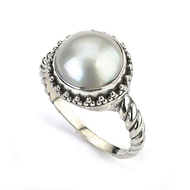 SILVER WHITE MABE PEARL RING W/ TWISTED SHANK - MICHAEL K. JEWELERS