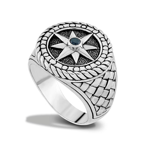 SILVER QUILTED DESIGN STAR RING W/ BLACK SPINEL