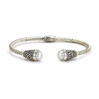 SILVER TWISTED CABLE BANGLE WITH FRESH WATER PEARL - MICHAEL K. JEWELERS