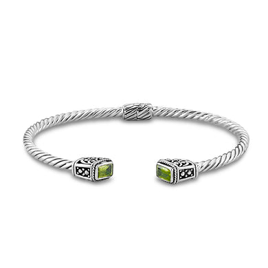 SILVER TWISTED CABLE BANGLE WITH EMERALD CUT PERIDOT - MICHAEL K. JEWELERS
