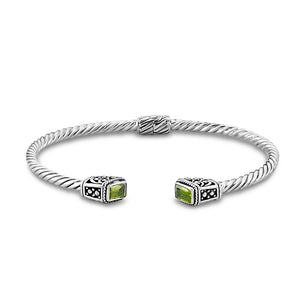 SILVER TWISTED CABLE BANGLE WITH EMERALD CUT PERIDOT