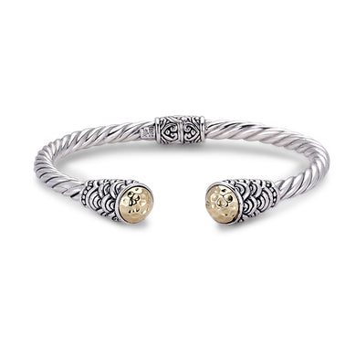 SILVER/18K TWISTED CABLE BANGLE WITH HAMMERED GOLD END CAPS - MICHAEL K. JEWELERS