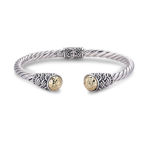 SILVER/18K TWISTED CABLE BANGLE WITH HAMMERED GOLD END CAPS