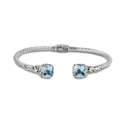 SILVER/18K HINGED BANGLE WITH BLUE TOPAZ AND SEAHORSE MOTIF - MICHAEL K. JEWELERS