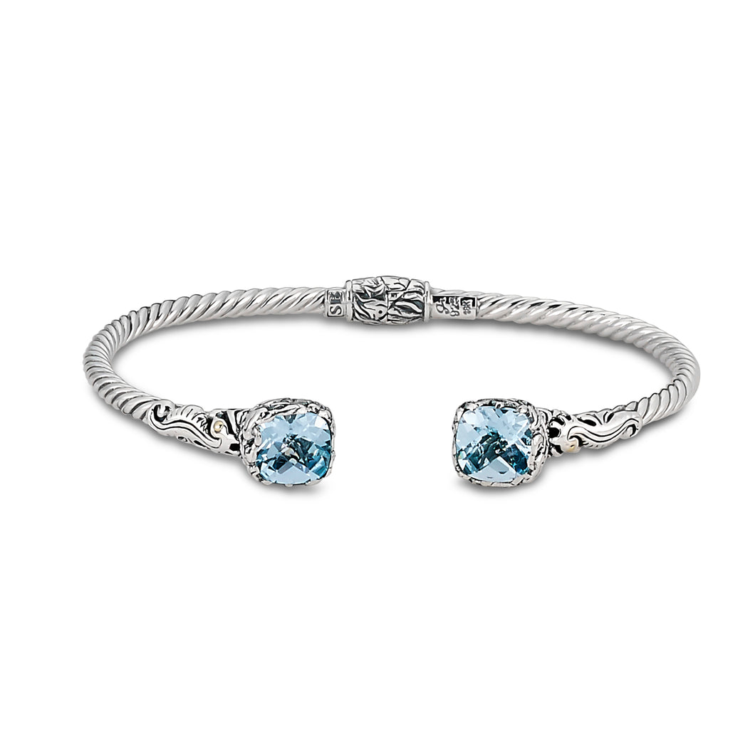 SILVER/18K HINGED BANGLE WITH BLUE TOPAZ AND SEAHORSE MOTIF