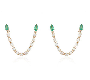 DOUBLE PIERCING  EMERALD PEAR AND DIAMOND LOOP EARRING