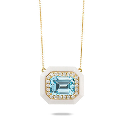 DIAMOND NECKLACE WITH WHITE AGATE BORDERS AND LIGHT BLUE TOPAZ CENTER STONE