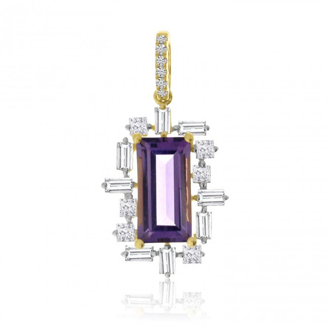 AMETHYST WITH PRINCESS AND BAGUETTE DIAMOND HALO PENDANT