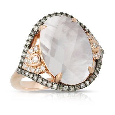 BROWN & WHITE DIAMOND RING W/ CLEAR QUARTZ OVER MOTHER OF PEARL - MICHAEL K. JEWELERS
