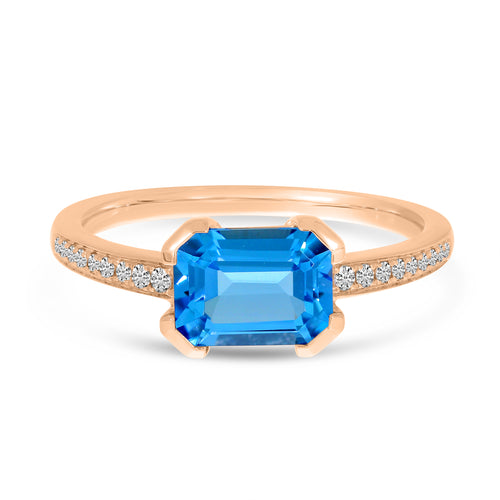 BLUE TOPAZ EMERALD CUT PAVE RING