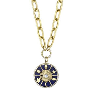 14K Gold Round Lapis Diamond Links Necklace Charm