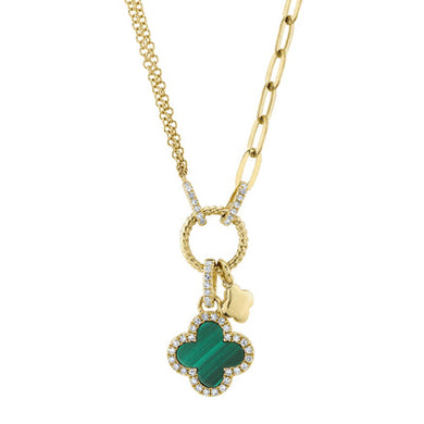 DIAMOND AND MALACHITE CLOVER PAPER CLIP LINK NECKLACE - MICHAEL K. JEWELERS