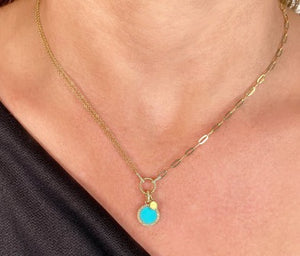 DIAMOND & TURQUOISE CIRCLE PAPER CLIP LINK NECKLACE