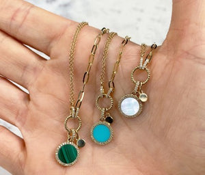 DIAMOND & TURQUOISE CIRCLE PAPER CLIP LINK NECKLACE