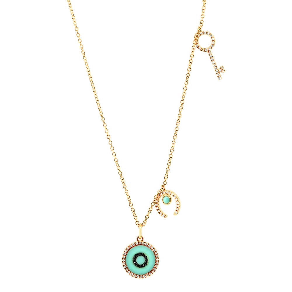 EVIL EYE DIAMOND AND TURQUOISE CHARM NECKLACE - MICHAEL K. JEWELERS