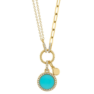 DIAMOND & TURQUOISE CIRCLE PAPER CLIP LINK NECKLACE - MICHAEL K. JEWELERS